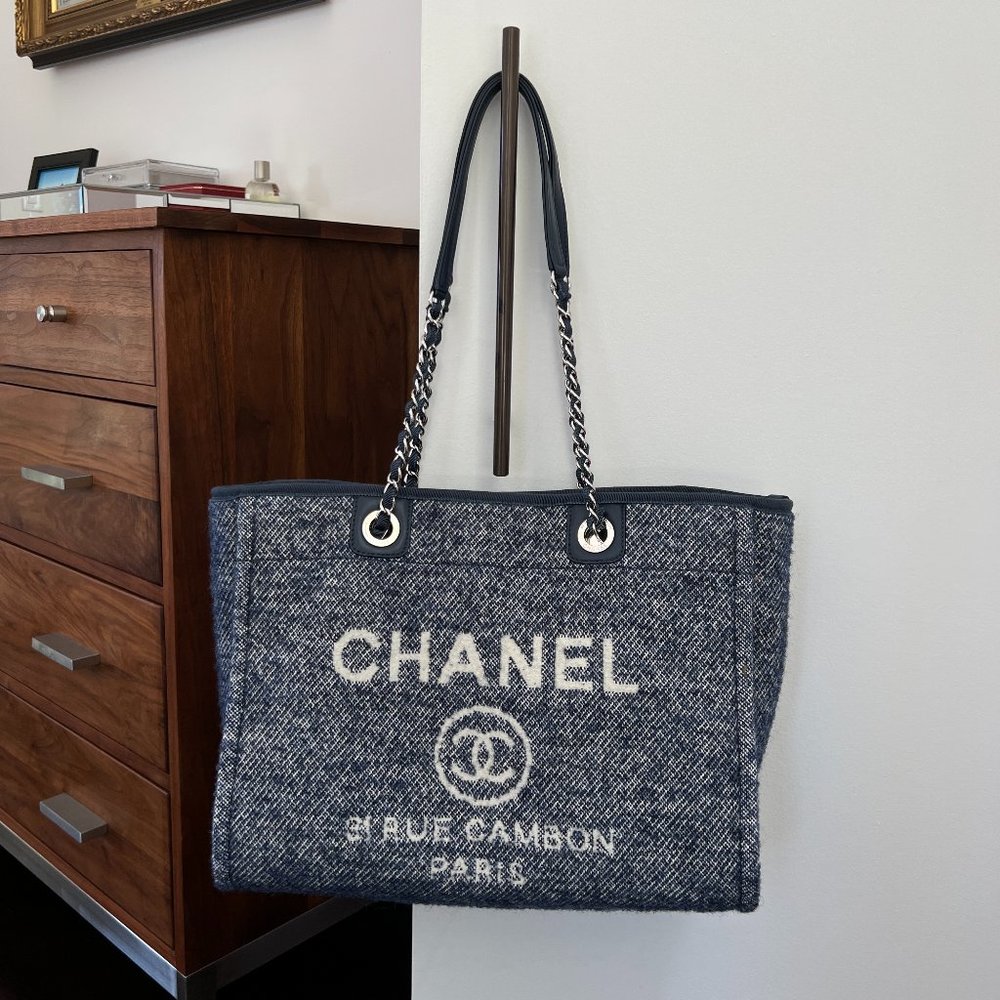 Chanel 21B Wool Small Deauville Tote in Blue/White with Silver Chain